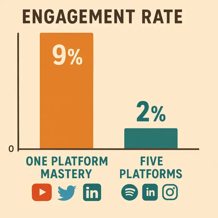 Engagement rate comparison: One platform mastery (9%) vs. five platforms (2%).